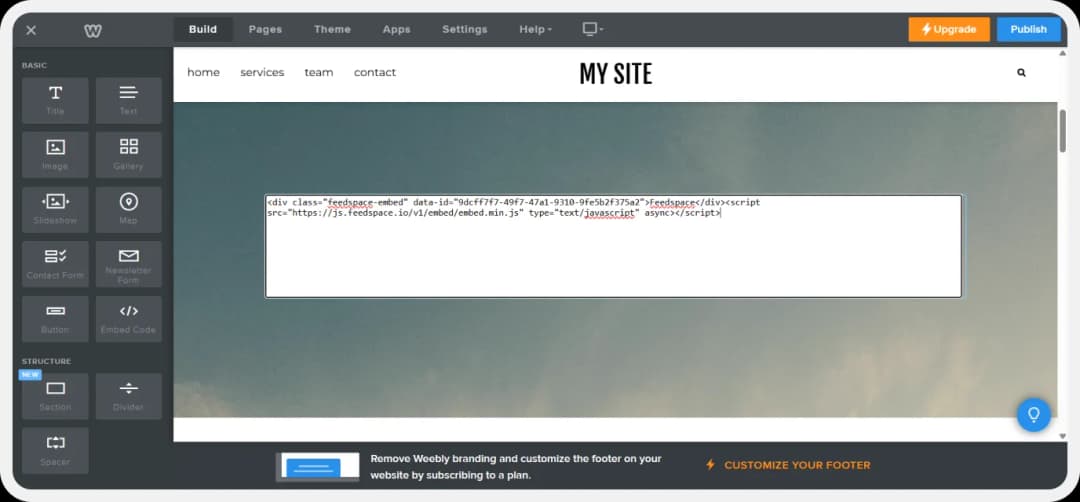 Pasting the review form pop-up script with optional styling in Weebly