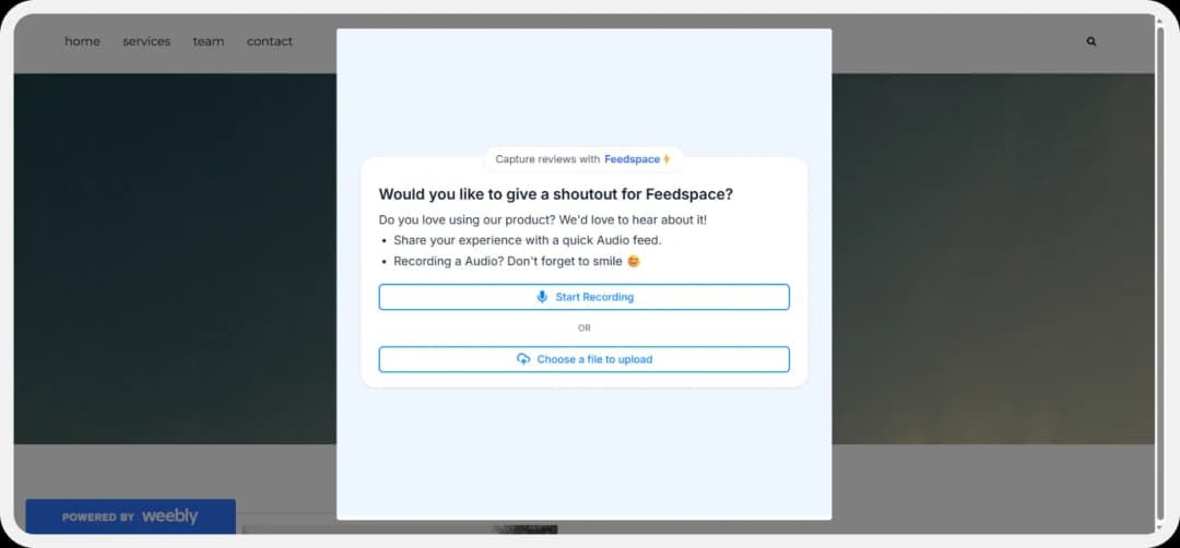 Review form pop-up shown on Weebly website after clicking the button