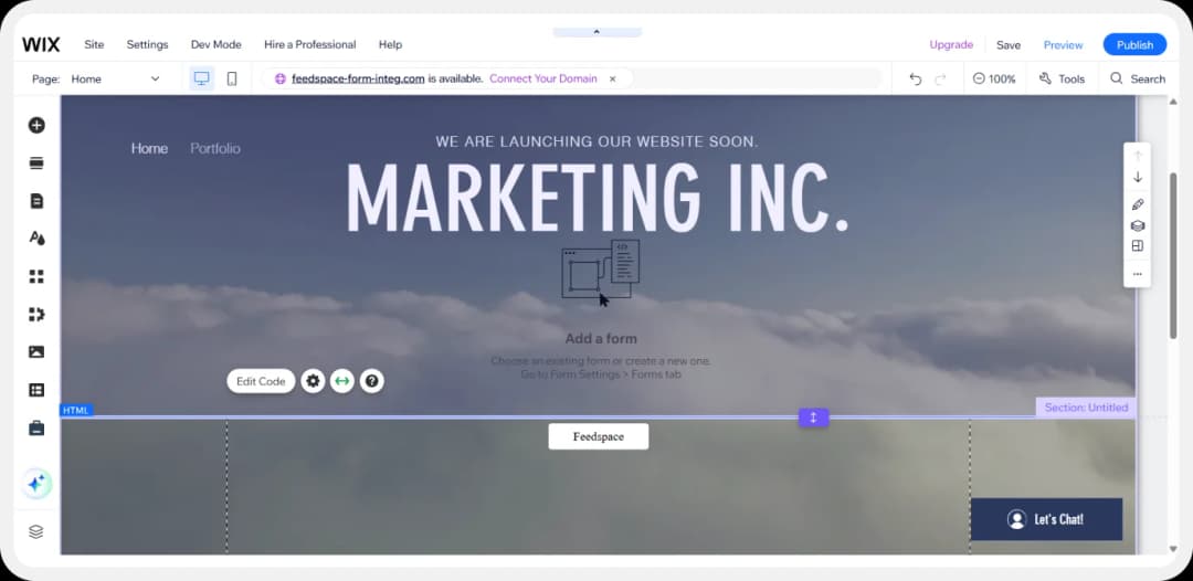 Saving changes and previewing the Wix website with the Feedspace button