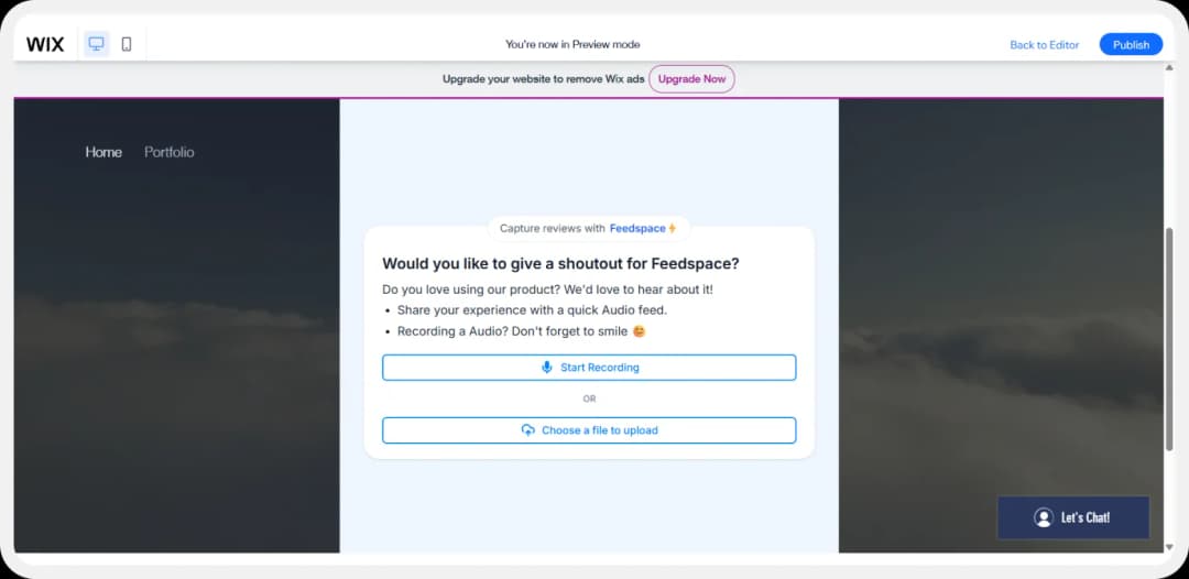 Review form pop-up displayed after clicking the Feedspace button on Wix site