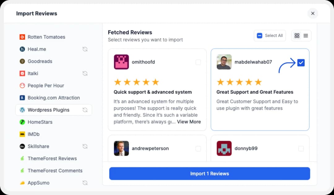 Selecting WordPress Plugins Reviews to import