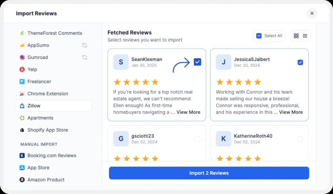 Pick your favourite reviews to import into Feedspace.