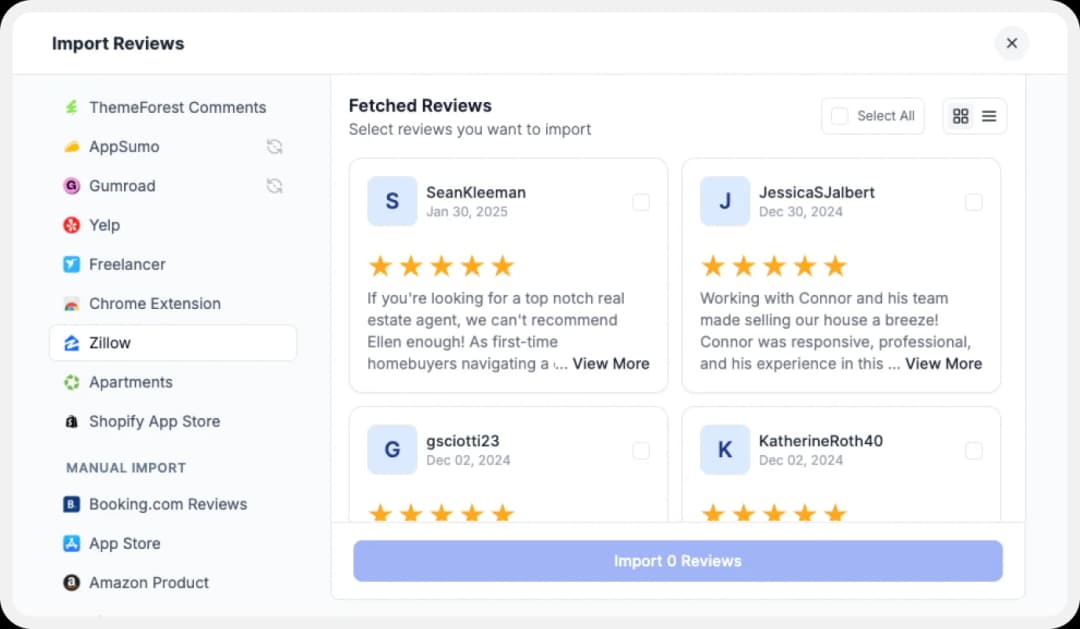 Preview of the list of reviews to import.