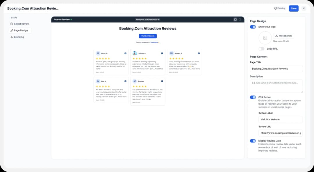Display settings for customizing Wall of Love