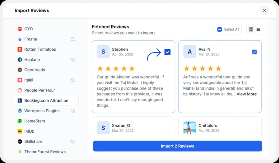 Choosing booking.com attractions reviews to import