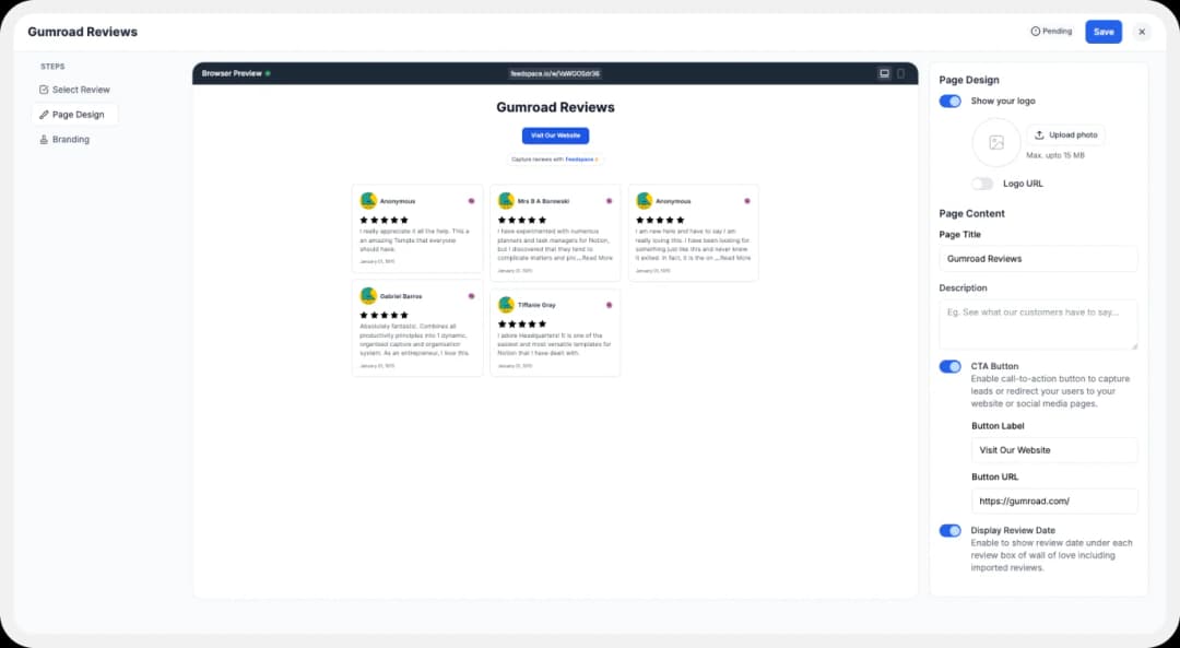 Display settings for customizing Wall of Love