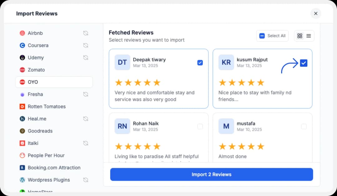 Selecting Favorites OYO reviews to import