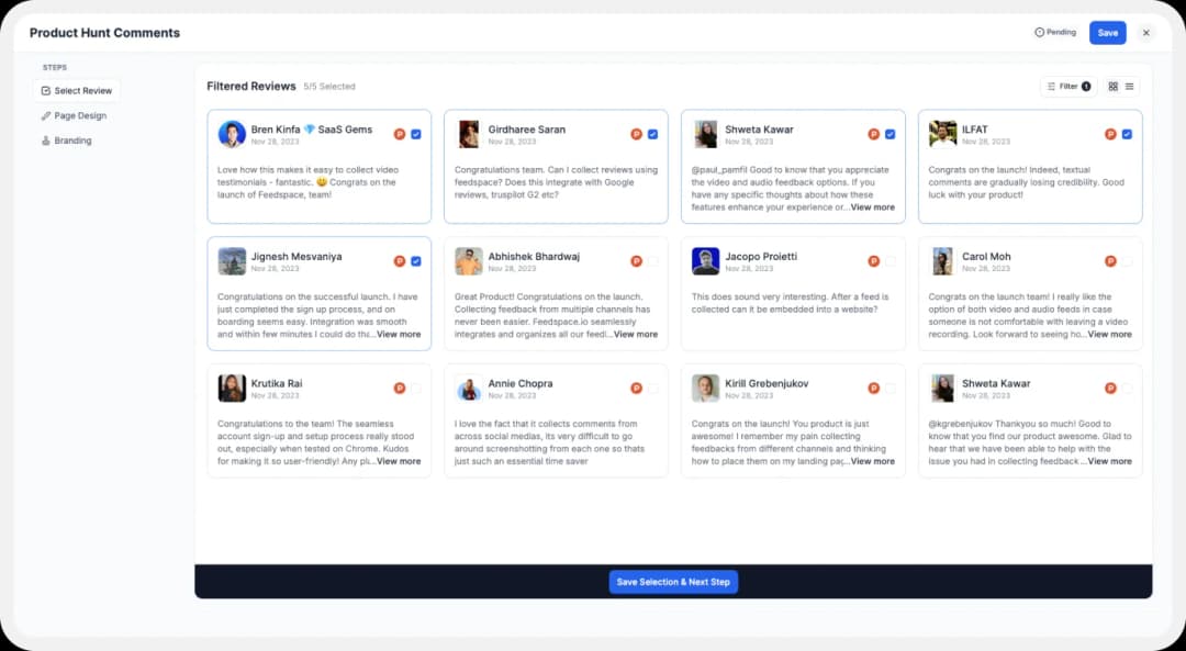 Product Hunt comments to add on website using wall of love