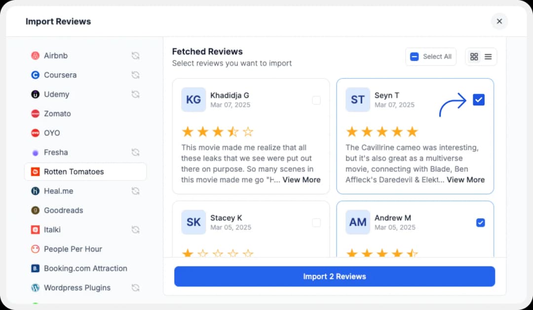 Select favorite Rotten Tomatoes reviews to import