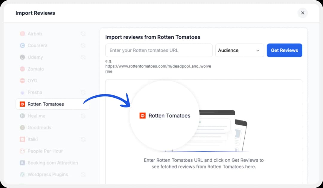 Available platforms list for importing reviews to FeedspaceDashboard showing options of platforms to import reviews
