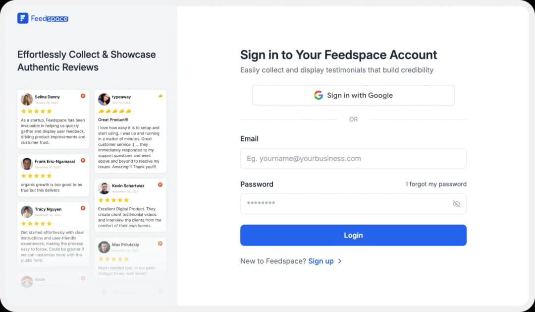 Window for creating a new Feedspace account