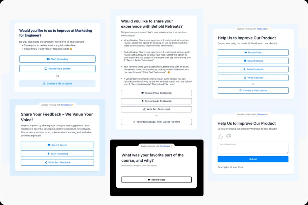 Audio and video format feedback and testimonial questions