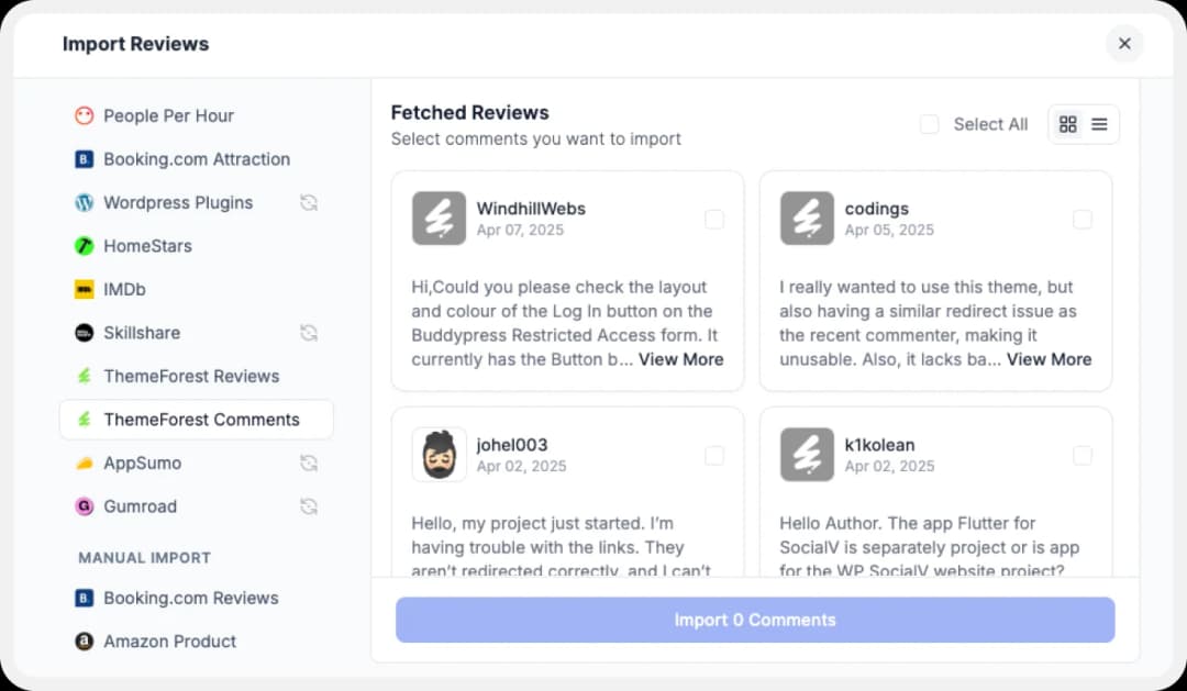 Adding Themeforest comments to Feedspace platform