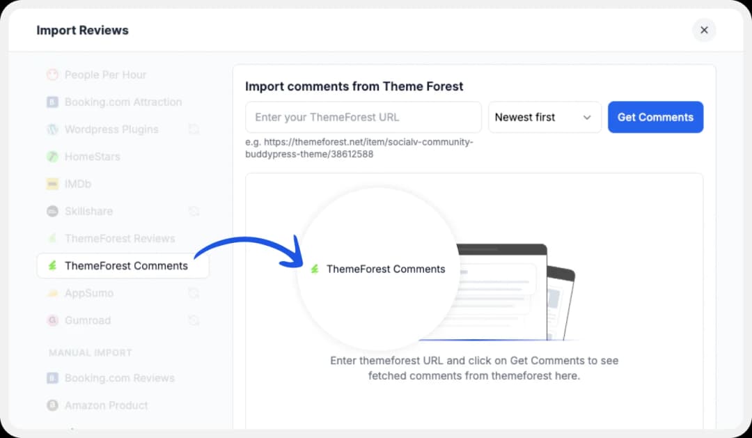 Options of supported platforms for importing reviews