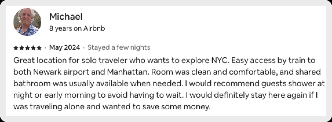 Michael's Airbnb review is about a comfortable stay in a convenient location.