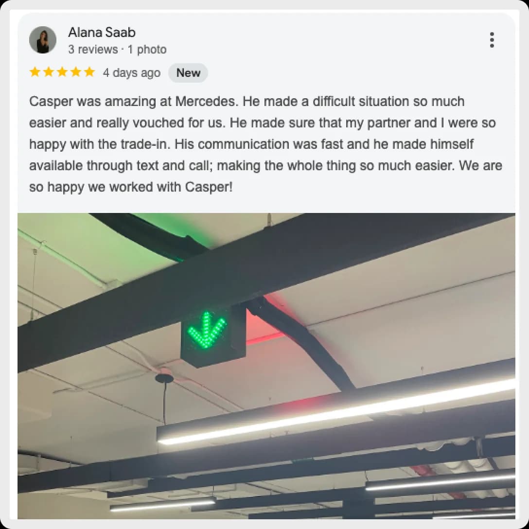 Alana Saab's review of her experience at Mercedes with service from Casper