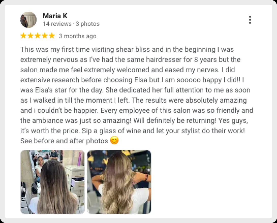 Positive review about Elsa's hair service at Shear Bliss salon with before and after photos