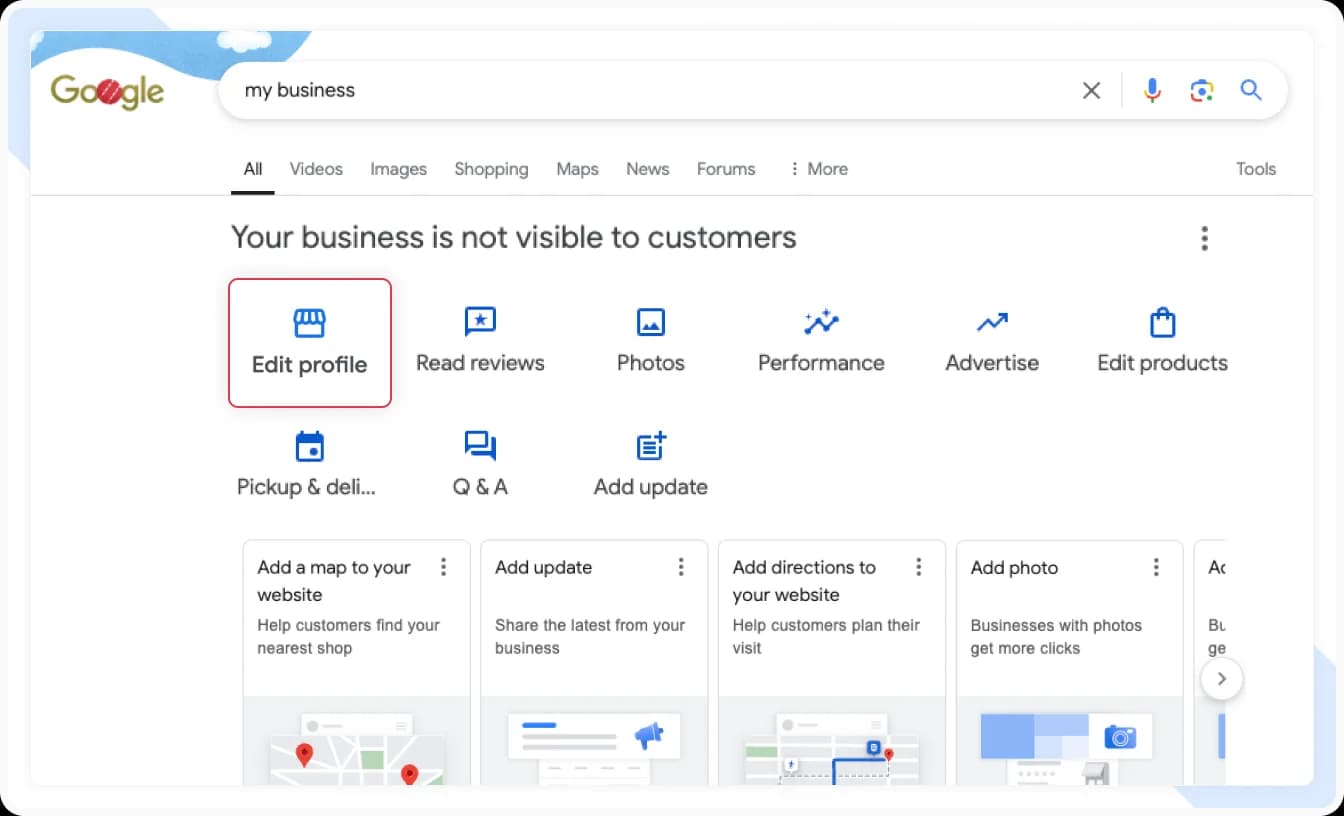Google Business Profile dashboard with Edit Profile button highlighted