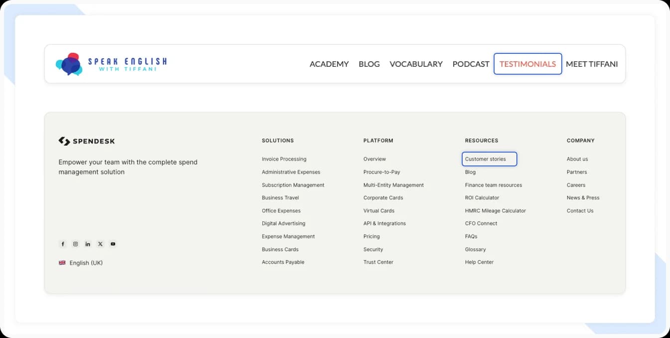 Website navigation and footer displaying testimonial and customer stories link