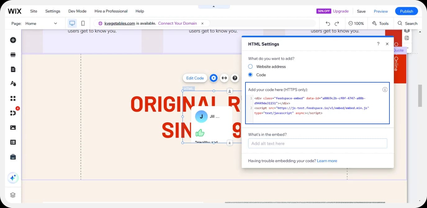 Adding Google reviews to Wix by pasting the embed code