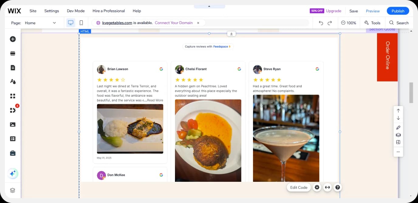 Google reviews successfully embedded on a Wix website
