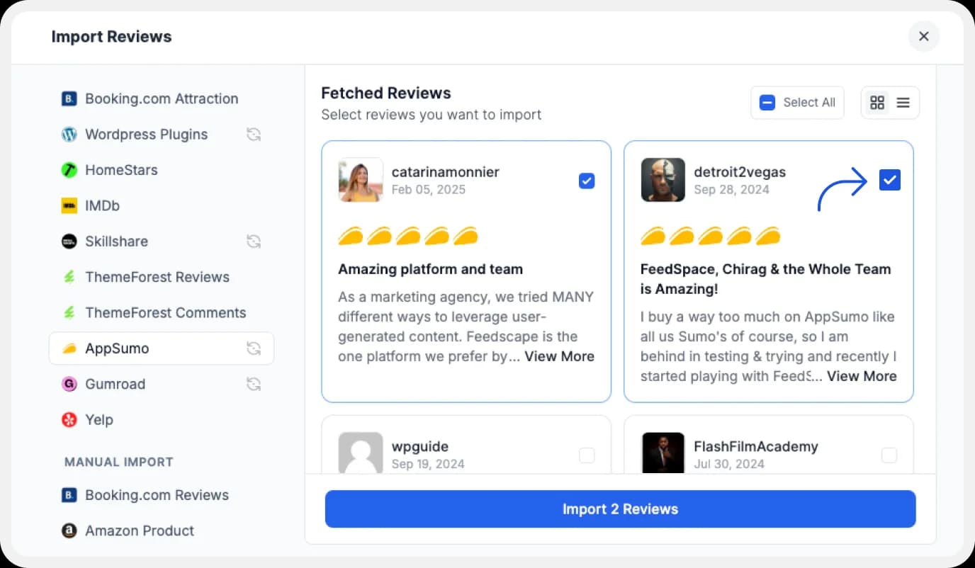 Choose preferred AppSumo reviews to import into Feedspace