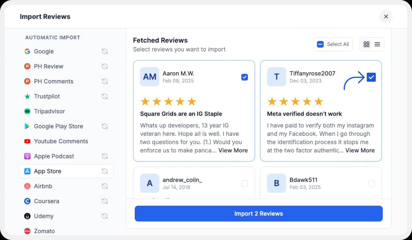Selecting Favorites App Store reviews to import