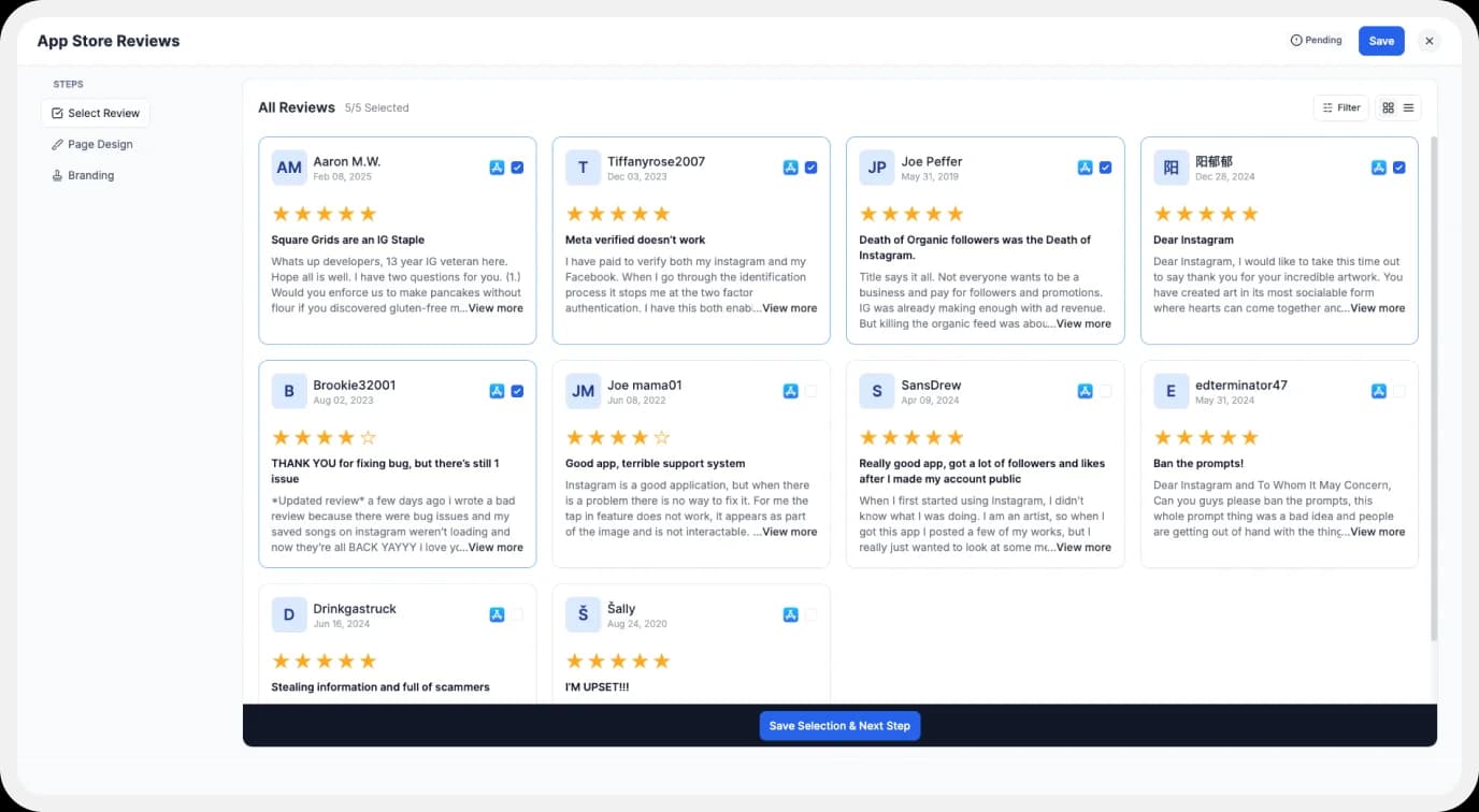 App Store reviews to add on website using wall of love