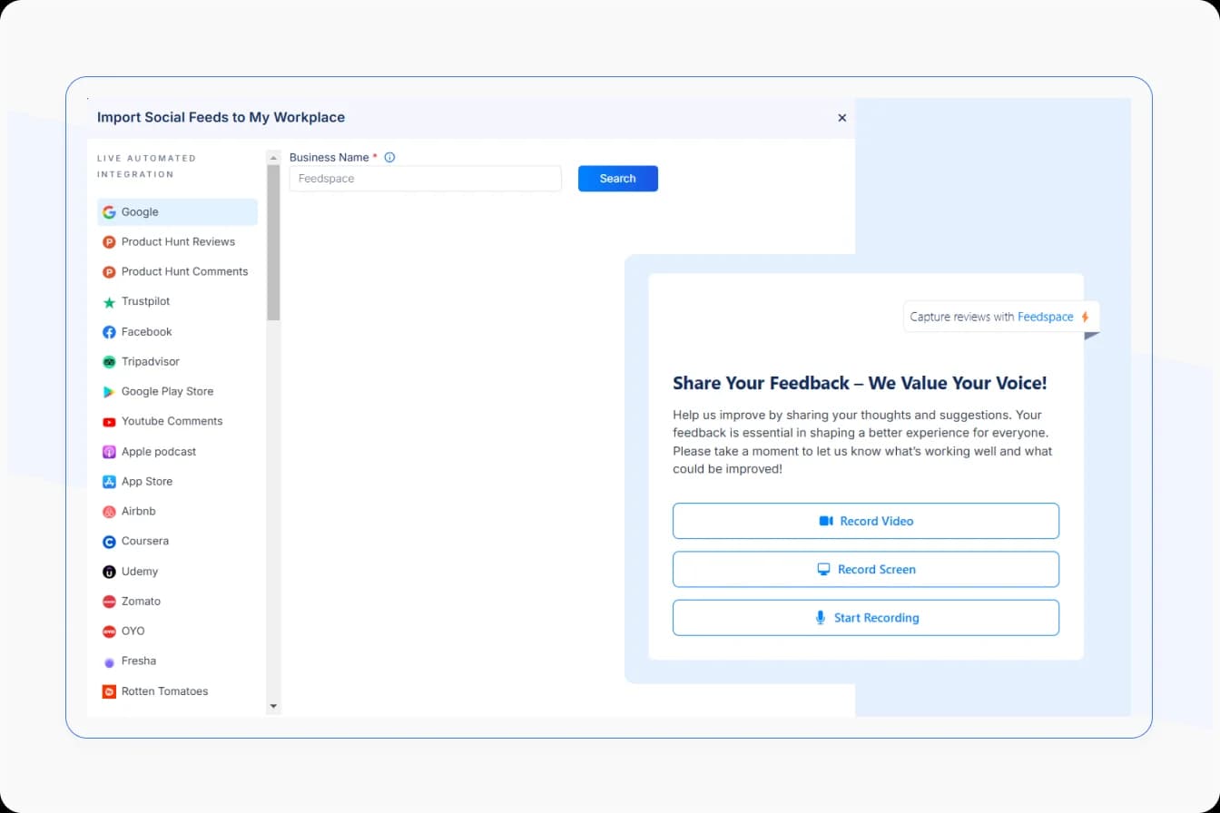 A dashboard displaying collected customer reviews from various online platforms