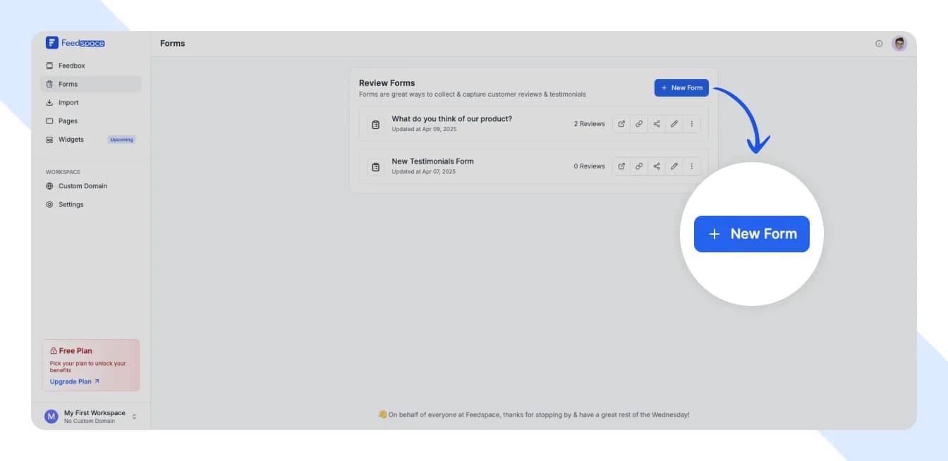 Feedspace dashboard showing workspace overview