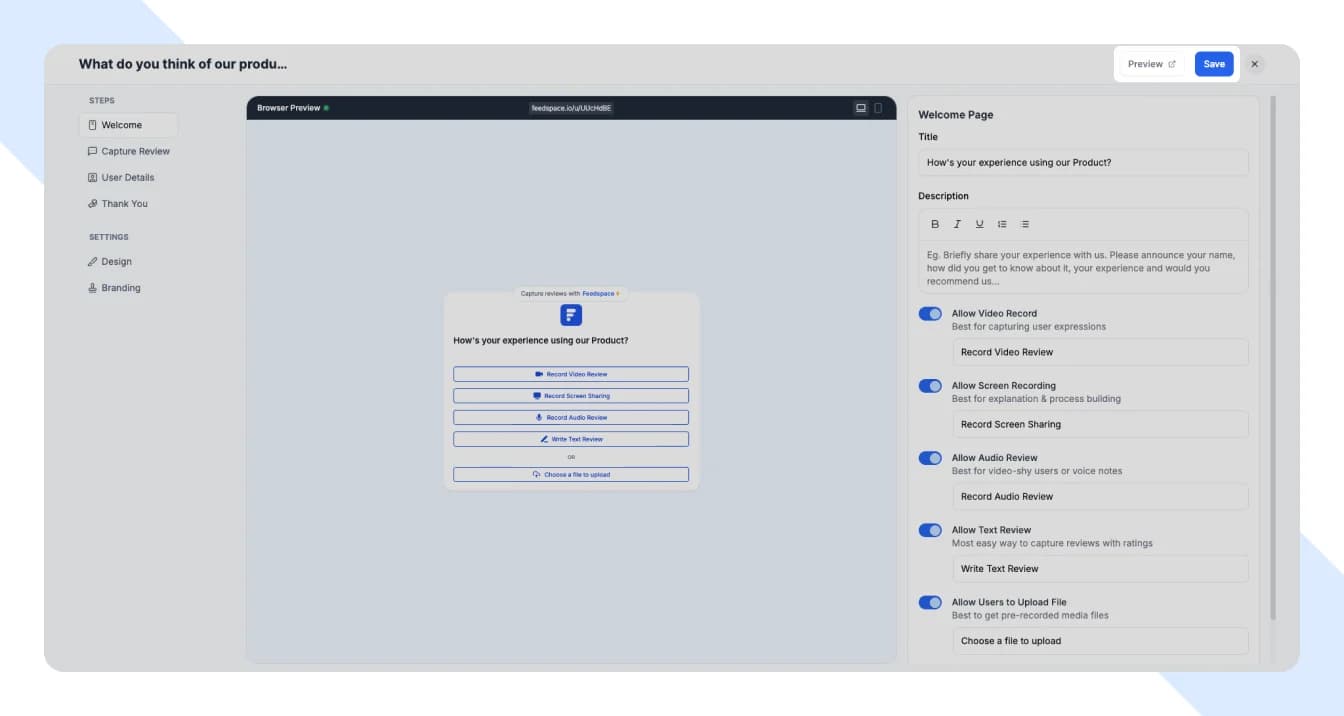 Feedspace form creation with Save and Share button
