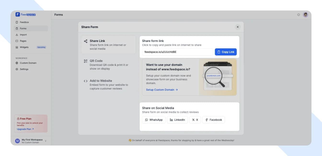 Feedspace form sharing page with social media and QR code options