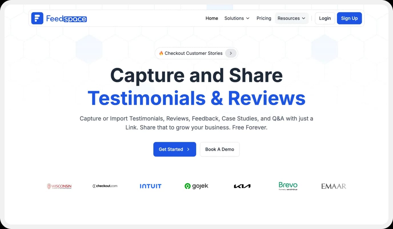 Feedspace website homepage featuring testimonial and review capture tools.