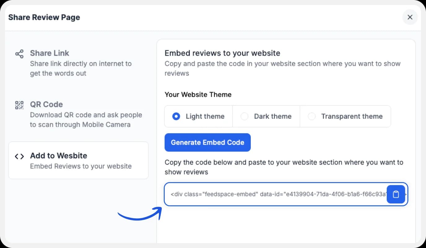 Generate and copy embed code from Feedspace