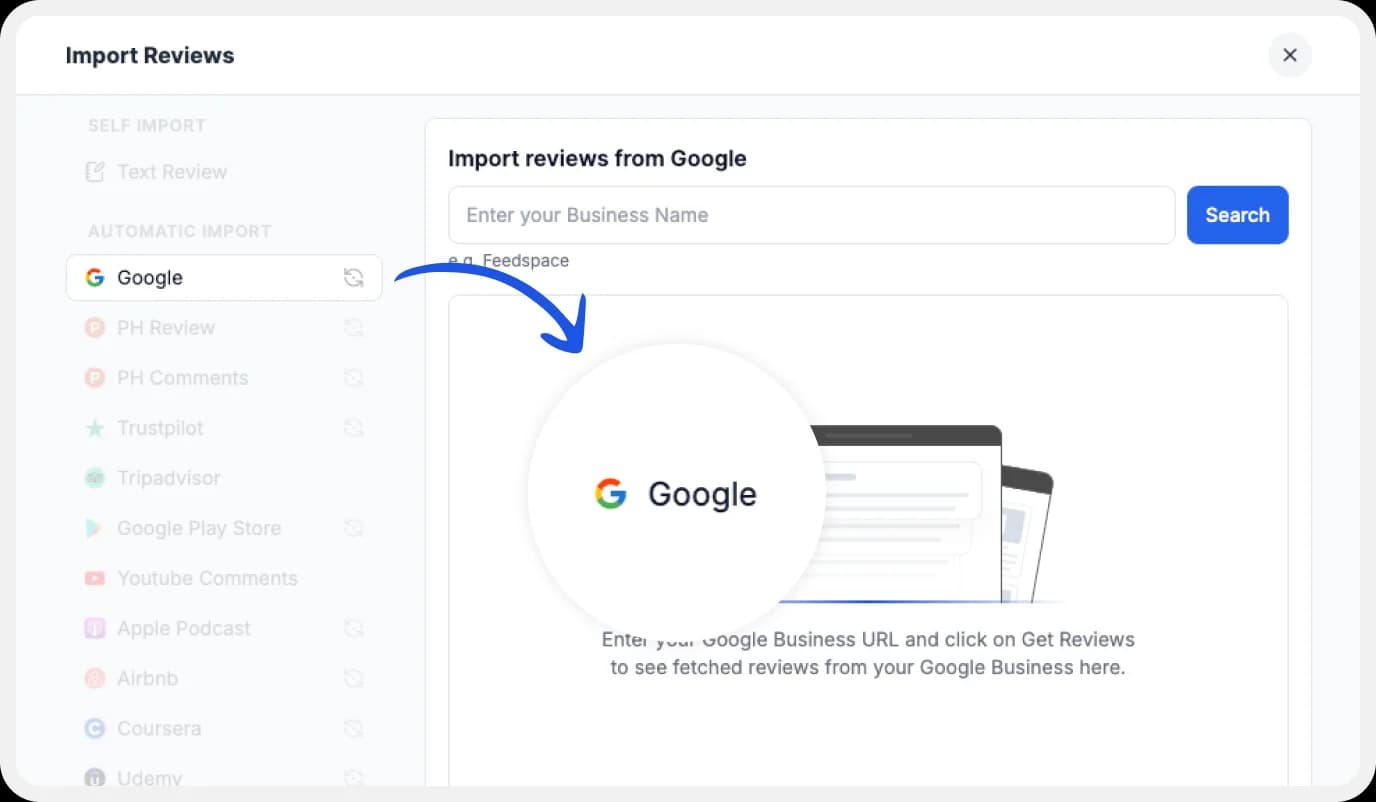 Platforms list to import Google reviews to Feedspace.