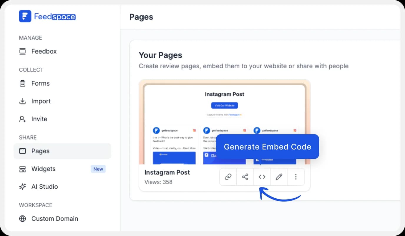 Select Wall of Love to generate embed code