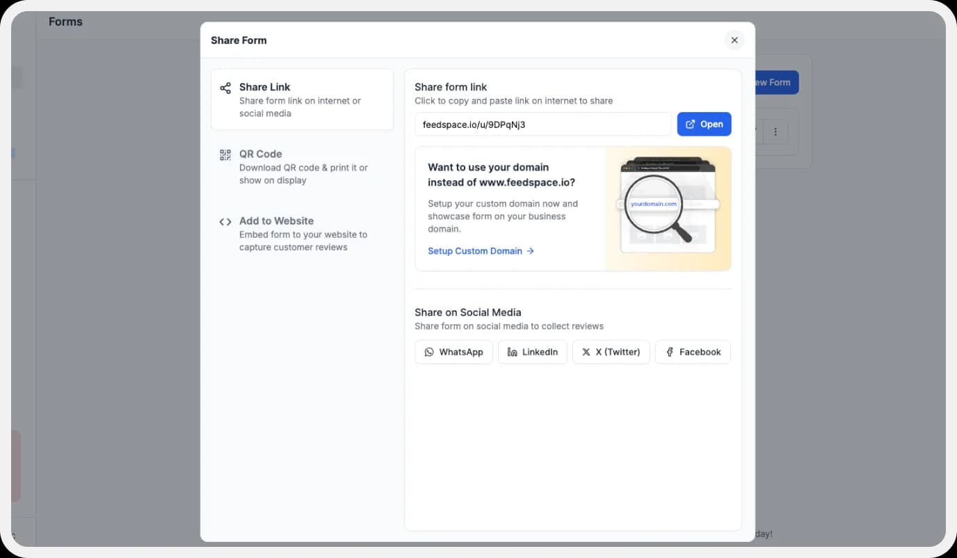 Share your review collection form link via email and social media