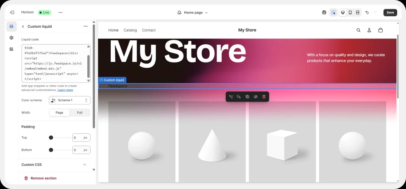 Embed review form code in Shopify HTML block