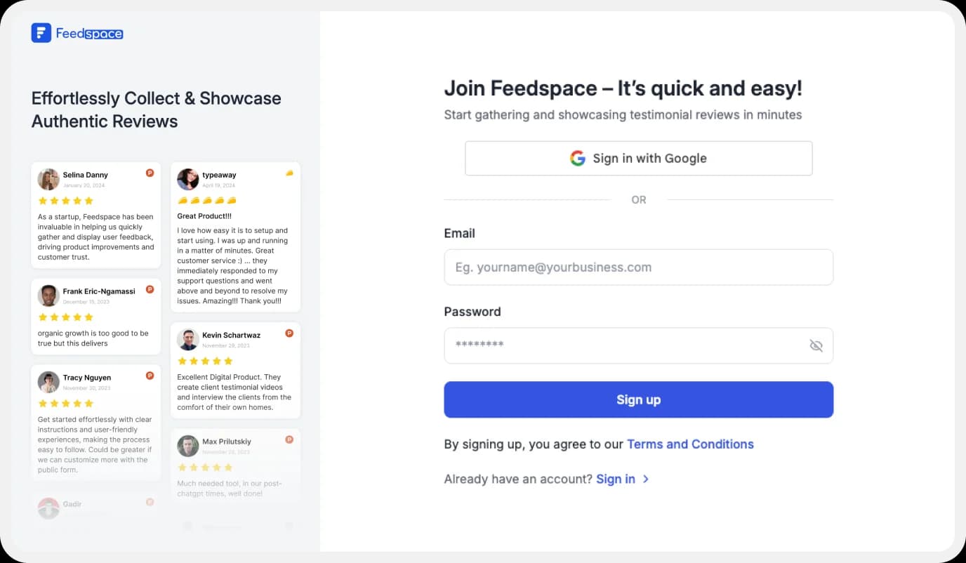 Sign up on Feedspace to collect and manage reviews