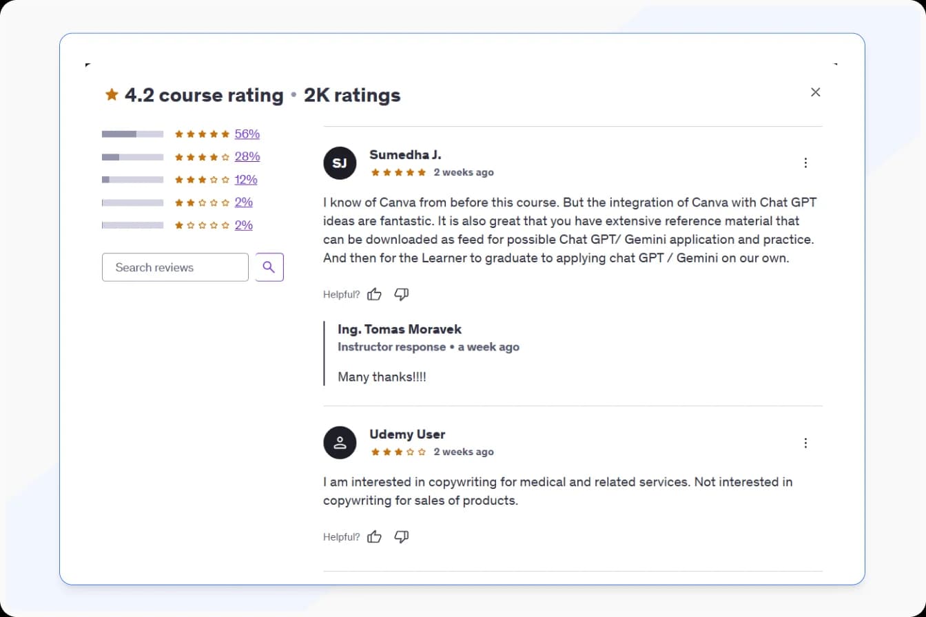 Student reviews on Udemy highlighting course experiences and feedback