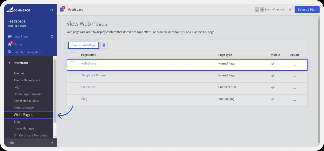 BigCommerce Webpage settings with option to create a new page