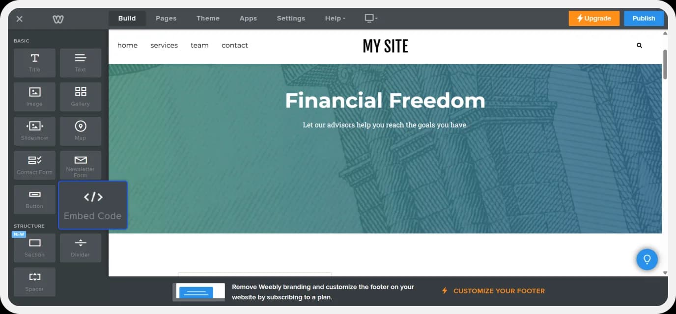 Navigating to the Embed Code option in the Weebly editor