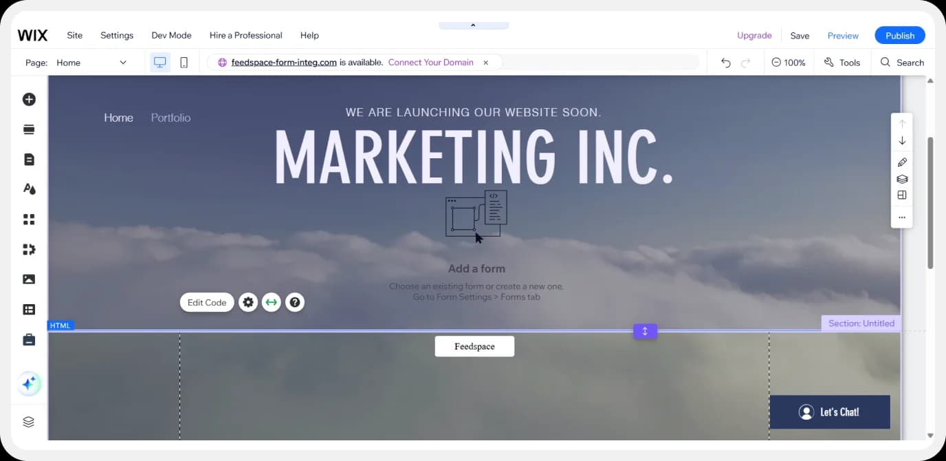 Saving changes and previewing the Wix website with the Feedspace button
