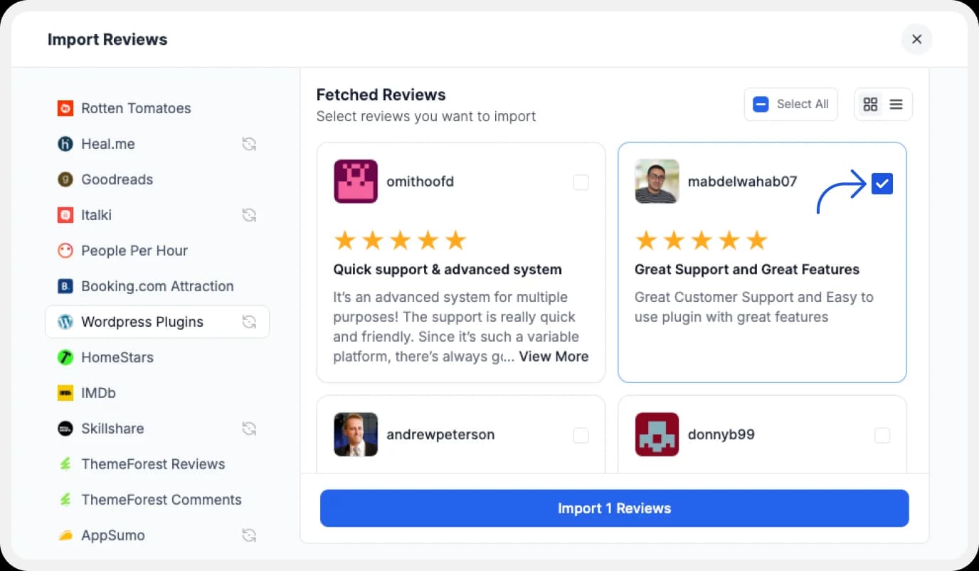Selecting WordPress Plugins Reviews to import