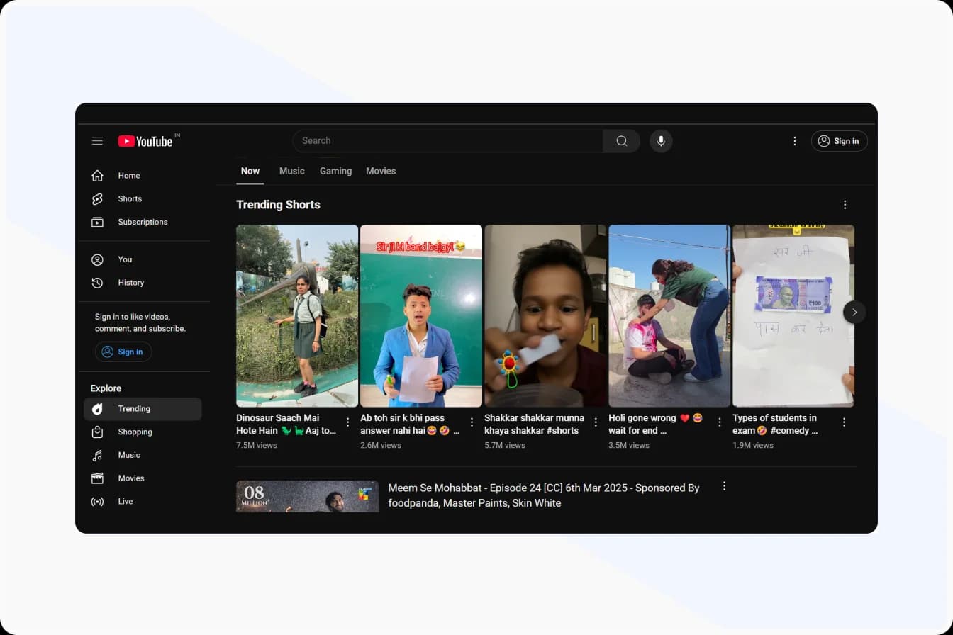 YouTube homepage displaying video hosting and content discovery options