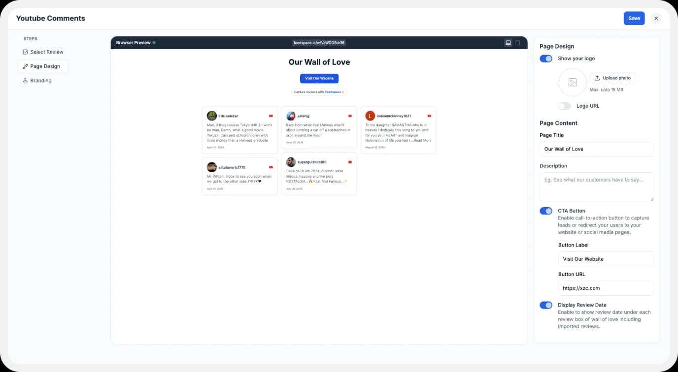Display settings for customizing Wall of Love