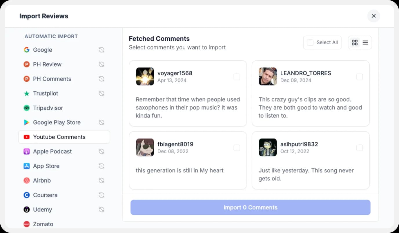 Import YouTube Comments to Feedspace