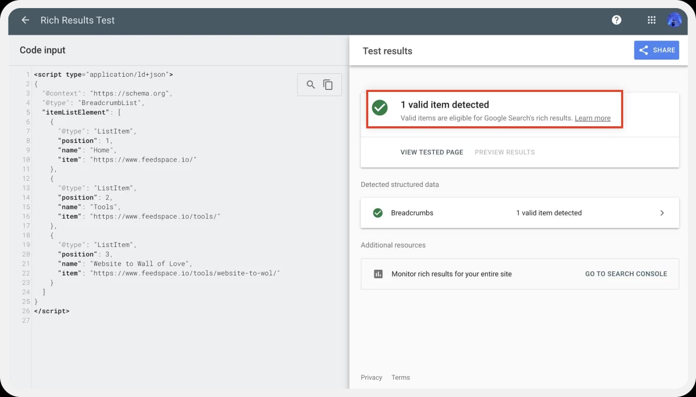 Google Rich Results Test Tool checks webpage eligibility for rich results like star ratings,