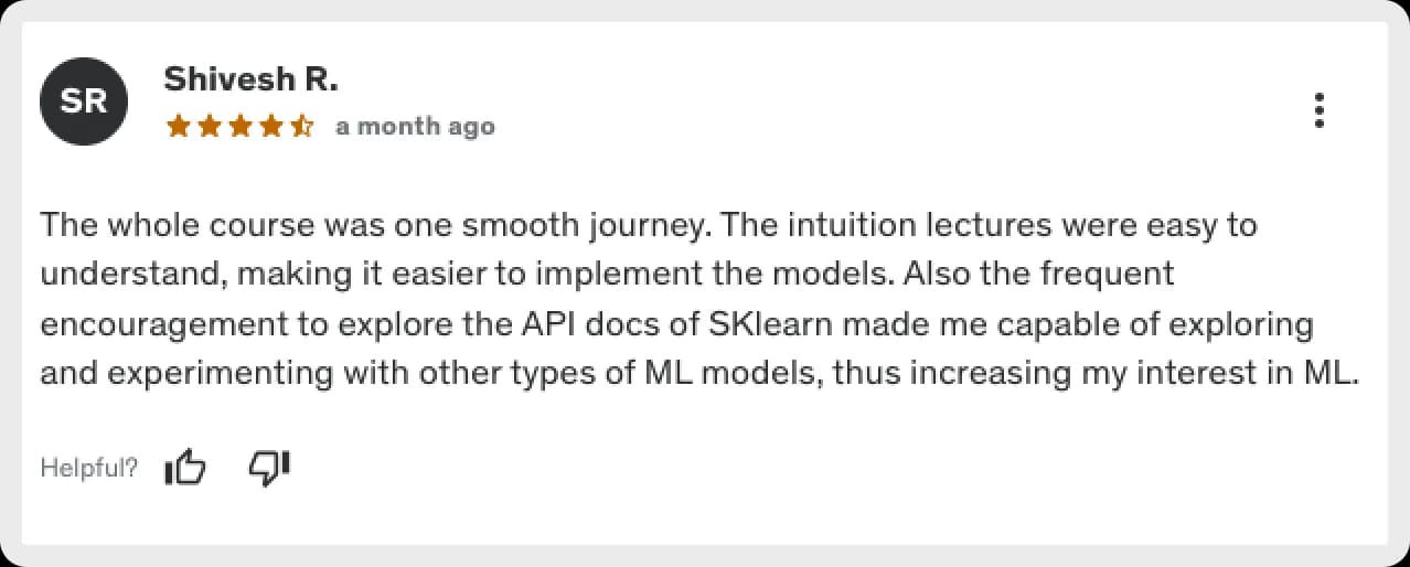 Shivesh R.'s review of a machine learning course