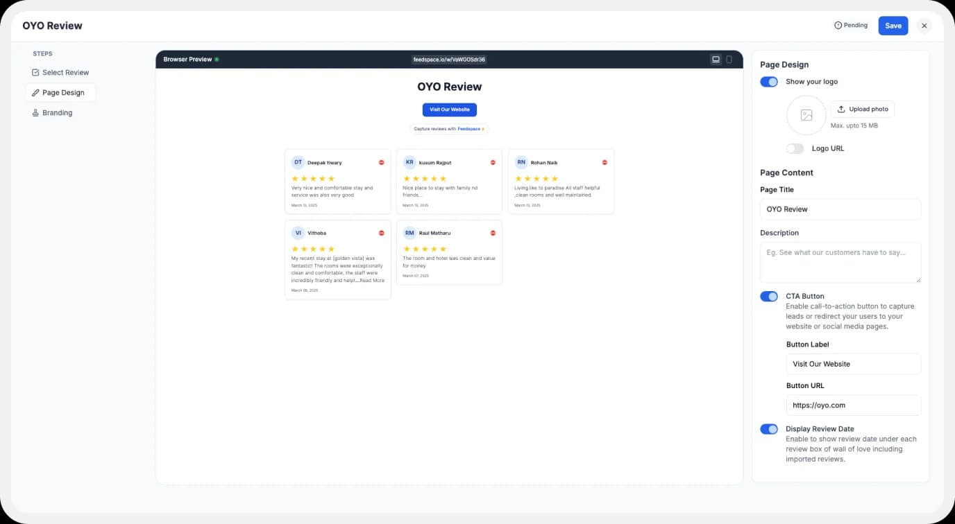 personalizing Wall of Love made using OYO reviews